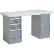 Global Industrial™ 96 x 30 Pedestal Workbench - 3 Drawers & Cabinet, Laminate Square Edge Gray