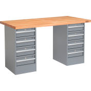 Global Industrial 96 x 30 Pedestal Workbench - 8 Drawers, Maple Block Square Edge - Gray