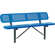 Global Industrial 6' Outdoor Steel Bench w/ Backrest, Perforated Metal, In Ground Mount, Blue
