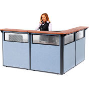 Interion® Station de réception en forme de L w/Window 80"W x 80"D x 44"H Cherry Counter Blue Panel