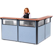 Interion® L-Shaped Reception Station w/Window 80"W x 80"D x 44"H Cherry Counter Blue Panel