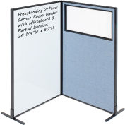 Interion® 2-Panel Corner Room Divider with Whiteboard & Partial Window, 36-1/4"W x 60"H, Blue