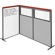 Interion® Deluxe Freestanding 3-Panel Corner w/Whiteboard & Partial Window 36-1/4Wx61-1/2H Gray