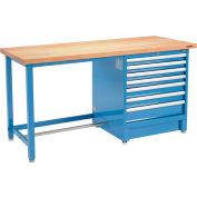 Global Industrial 72Wx30D Modular Workbench, 7 Drawers, Maple Butcher Block Square Edge, Blue