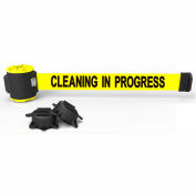 Banner Stakes Magnetic Wall Mount Barrier, 30' Yellow "Cleaning In Progress" Belt