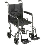 Fauteuil roulant de transport en acier léger, siège de 19 po de largeur, structure argentée et revêtement noir
