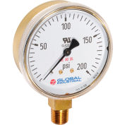 Global Industrial™ 2-1/2" Compressed Gas Gauge, 200 PSI, 1/4" NPT LM, Polished Brass