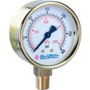 Global Industrial™ 2-1/2" Pressure Gauge, 15 PSI/KPA, 1/4" NPT LM, Polished Brass