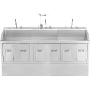 Blickman Triple Station Pedestal Lodi Scrub Sink with Eyewash and Digital Timer, Knee Action Control