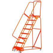 8 Step Steel Rolling Ladder w/ Weight Actuated Lock 16"W Perforated Step Orange w/ Cal OSHA Handrail