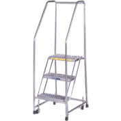 3 Step 16"W Stainless Steel Rolling Ladder W/ Rails - Heavy Duty Serrated Grating - SS320G