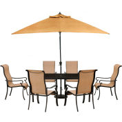 Hanover® Brigantine 7 Piece Outdoor Dining Set w/ Glass Top Table & Umbrella