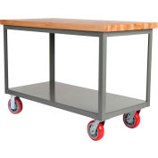 Little Giant® HD Butcher Block Top Mobile Table, 2 Shelf, 3000 lb Cap., 72x36x34, Poly Wheels