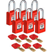 Brady® NYL-RED-38ST-KD6PK Brady SafeKey Lockout Padlock Nylon 1,5" Steel Shackle Key Different