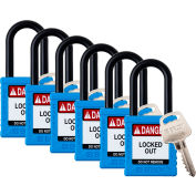 Cadenas Brady® Safety Lockout, Keyed Different, 1-1/2 », Plastique/Nylon, Bleu, 6/PK