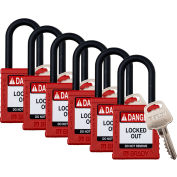 Cadenas brady® Safety Lockout, Keyed Alike, 1-1/2 », Plastique/Nylon, Rouge, 6/PK