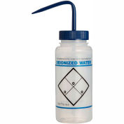 Bel-Art LDPE Wash Bottles 116460631, 500ml, Deionized Water Label, Blue Cap, Wide Mouth, 6/PK