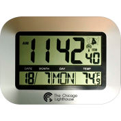 Chicago Lighthouse 9,75" Horloge atomique numérique avec calendrier et affichage de température intérieure - Argent