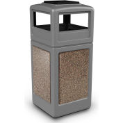 PolyTec™ Square Waste Container w/Ashtray Lid, Gray w/Riverstone Stone Panels, 42 gallons