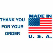 Étiquettes en papier avec « Made In USA Thank You » Print, 5"L x 3"W, Blanc/Rouge/Bleu, Rouleau de 500