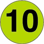 2" Dia. Round Paper Labels w/ "10" Print, Fluorescent Green & Black, Roll of 500