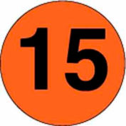 Étiquettes rondes en papier 2 » dia. avec impression « 15 », orange fluorescent et noir, rouleau de 500