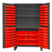 Global Industrial Bin Cabinet Flush Door - 137 Red Bins, 16 Ga All-Welded Cabinet 48 x 24 x 78