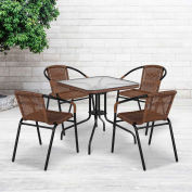 Flash Furniture® Square Glass Outdoor Dining Table Set w / 4 chaises empilables en rotin, brun foncé
