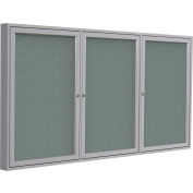 Ghent Enclosed Bulletin Board, 3 Door, 96"W x 48"H, Gray Fabric/Silver Frame