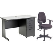 Interion® Bureau et fauteuil en tissu avec piédestal à tiroirs 3 - 48 » x 24 » - Gris