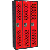 Hallowell 3 Door Gym/PE Ventilated Locker, 12"Wx18"Dx72"H, Black/Red, Assembled