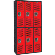 Hallowell 6 Door Gym/PE Ventilated Locker, 12"Wx18"Dx36"H, Black/Red, Assembled
