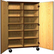 Mobile Wood Cubicle Cabinet, 10 Shelves w/Locks, Solid Door, 48 x 22-1/4 x 72, Maple/Black