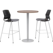 KFI 20-1/2" Round Bistro Table & 2 Barstool Set, Teak Table With Black Stools