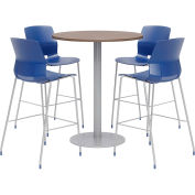 KFI 36" Round Bistro Table & 4 Barstool Set, Studio Teak Table With Navy Stools