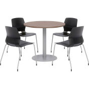 KFI 42" Round Table & Chair Set, Teak Table With Black Chairs
