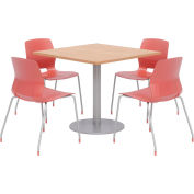 KFI 36" Square Table & 4 Chair Set - Maple Table Top with Coral Chairs