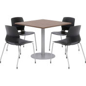 KFI 36" Square Table & 4 Chair Set - Studio Teak Table Top with Black Chairs
