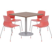 KFI 36" Square Table & 4 Chair Set - Studio Teak Table Top with Coral Chairs