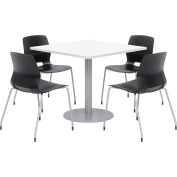 KFI 36" Square Table & 4 Chair Set - Designer White Table Top with Black Chairs