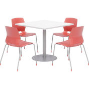 KFI 36" Square Table & 4 Chair Set - Designer White Table Top with Coral Chairs