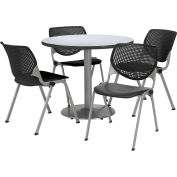 KFI 36" Round Dining Table & Chair Set, Gray Table With Black Plastic Chairs