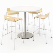 KFI 42" Round Dining Table & 4 Barstool Set, Designer White Table With Natural Stools