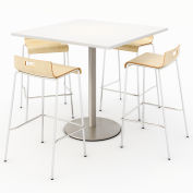 KFI 42" Dining Table & 4 Barstool Set, Designer White Table With Natural Stools
