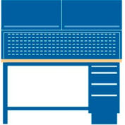 60x30x64.75 Cabinet & Leg workstation w/4 drawers, stat. riser shelf, 2 ovhd cabs/butcher block top