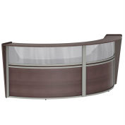 Linea Italia Curved Modern Reception Desk with Counter, Clear Panel, 124"W x 49"D x 46"H, Mocha