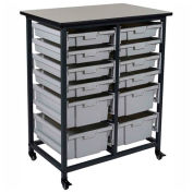 Luxor Mobile Bin Cart w/8 3"H & 4 6"H Totes MBS-DR-8S4L - Gray/Black, 19-3/4"L x 30-1/2"W x 37-1/4"H