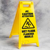 Pancarte bilingue ATTENTION PLANCHER MOUILLÉ - 28 po - jaune