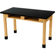 NPS Science Lab Table w/ Compartment - Chemical Resistant Top - 48"L x 24"W x30"H - Black w/ Oak Leg