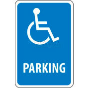 Panneau de signalisation NMC TM94G, « Parking » avec symbôle de personne handicapée, 18 po x 12 po, blanc/bleu